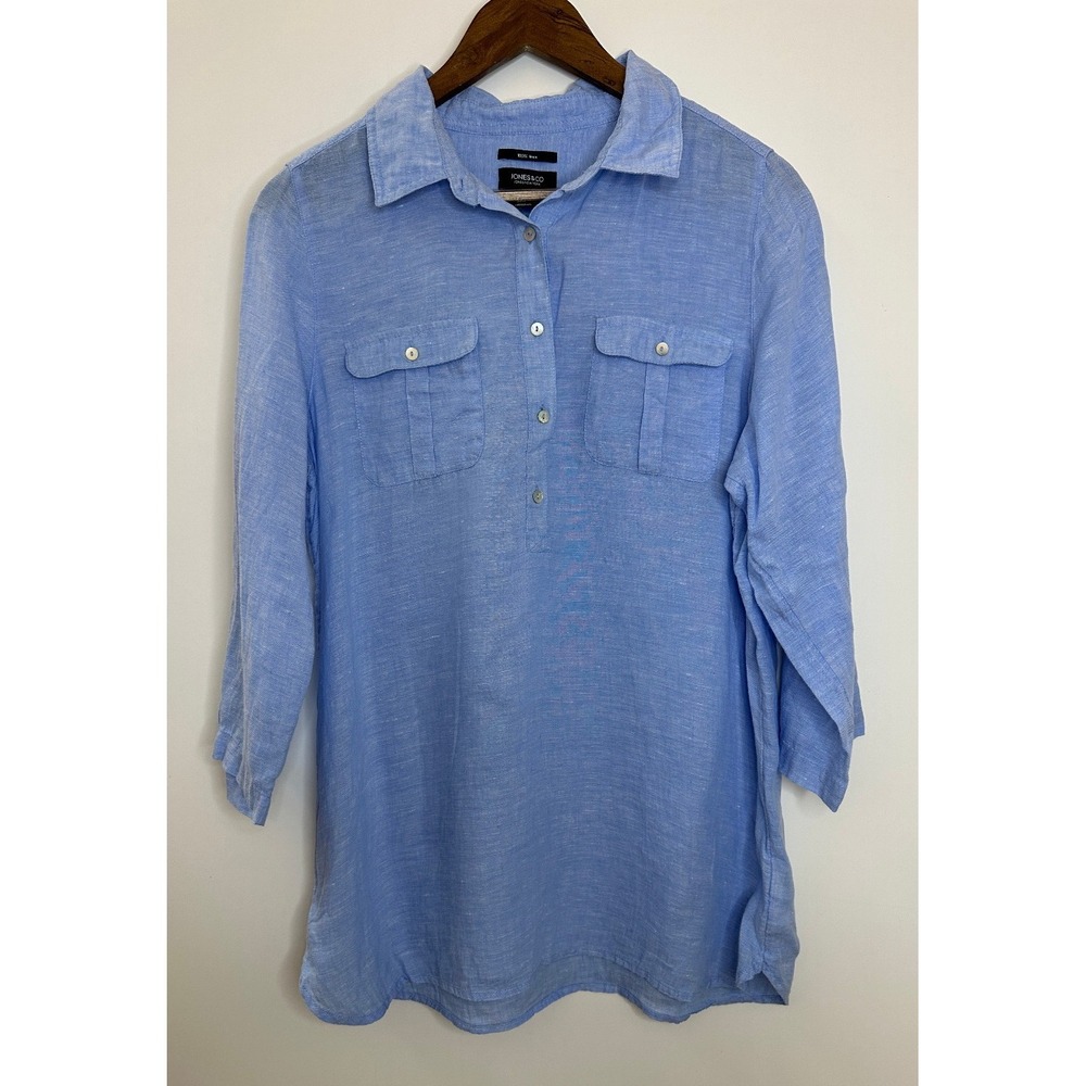Jones & Co. 100% Linen Half Button Shirt Blue Top Large Resort Coastal *Flawed - Picture 2 of 12